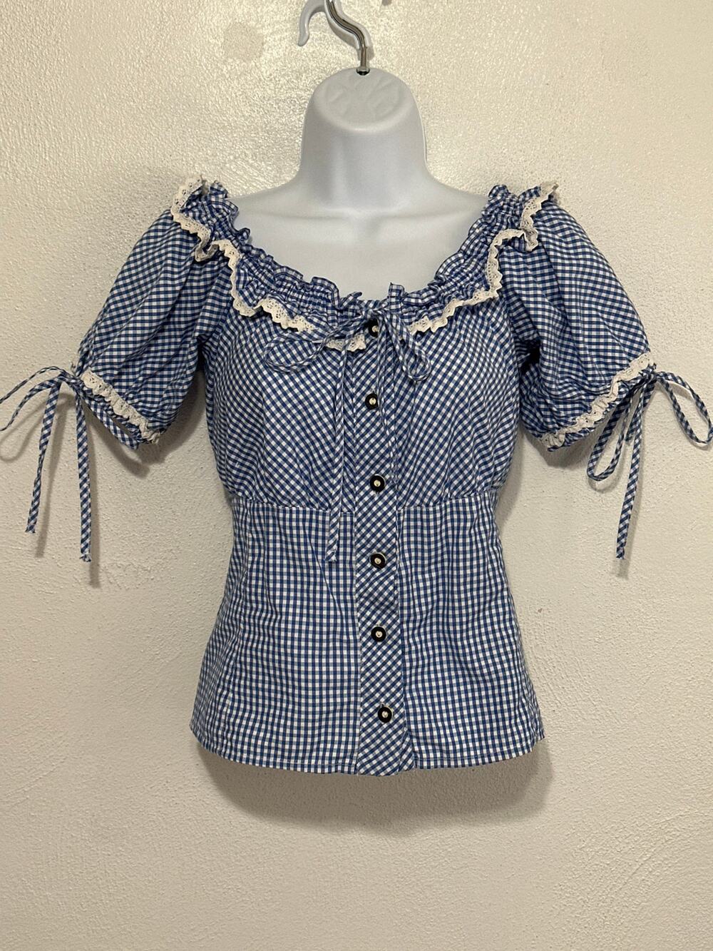 Milkmaid Gingham Peasant Top 40 L Blue Coquette Cottagecore Country Western